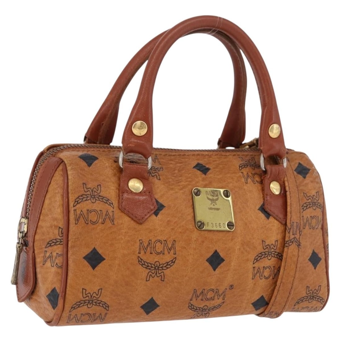 MCM Vicetos 2way Mini Boston Bag Brown PVC Leather Shoulder Strap: MCM Vicetos 2way Mini Boston Bag Brown PVC Leather Shoulder Strap MCM mini Boston bag in brown and gold PVC leather with a 2-way design and shoulder strap accessory. Made in Germany, this bag features