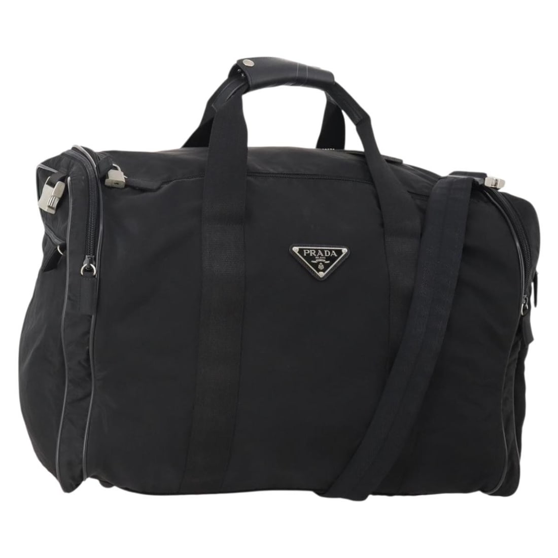 Prada Nylon Black Silver Boston Bag with Shoulder Strap: Prada Nylon Black Silver Boston Bag with Shoulder Strap This PRADA Boston Bag features a versatile 2-way design crafted from durable black nylon with silver-tone accents. Made in Italy, the bag offers