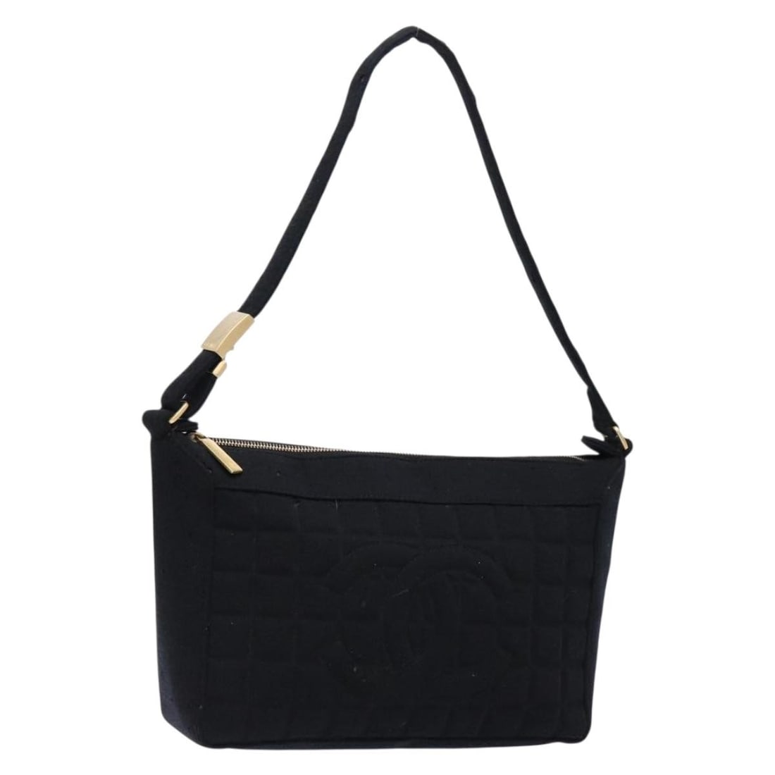 CHANEL Choco Bar Cotton Shoulder Bag Black Gold CC: CHANEL Choco Bar Cotton Shoulder Bag Black Gold CC CHANEL Choco Bar shoulder bag in black and gold, made from cotton and made in Italy. The bag measures approximately W27 x H20 x D8 cm, with a shoulde