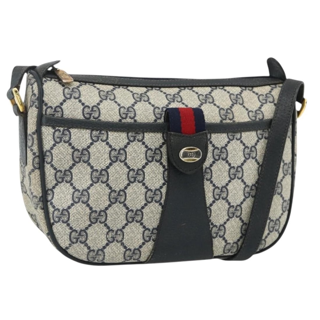 GUCCI 89 02 032 GG Supreme Shoulder Bag Navy Gold PVC Leather: GUCCI 89 02 032 GG Supreme Shoulder Bag Navy Gold PVC Leather Gucci GG Supreme Sherry Line shoulder bag in navy and gold, made in Italy from PVC leather and GG canvas. This women's shoulder bag featur
