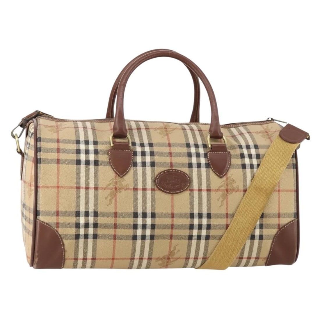 Burberrys 2way Boston Bag Nova Check PVC Leather Beige Gold: Burberrys 2way Boston Bag Nova Check PVC Leather Beige Gold Burberrys Nova Check Boston Bag in beige and gold, made from PVC leather. This 2-way bag comes with a shoulder strap and features the