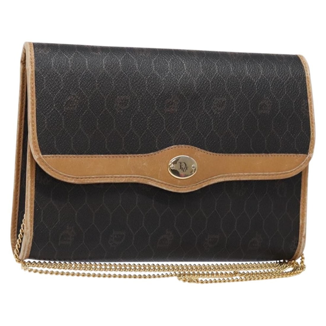 Christian Dior Black Gold Honeycomb Canvas Shoulder Bag PVC Auth: Christian Dior Black Gold Honeycomb Canvas Shoulder Bag PVC Auth This elegant Christian Dior Honeycomb Canvas Chain Shoulder Bag showcases a luxurious blend of black and gold PVC leather. Known for
