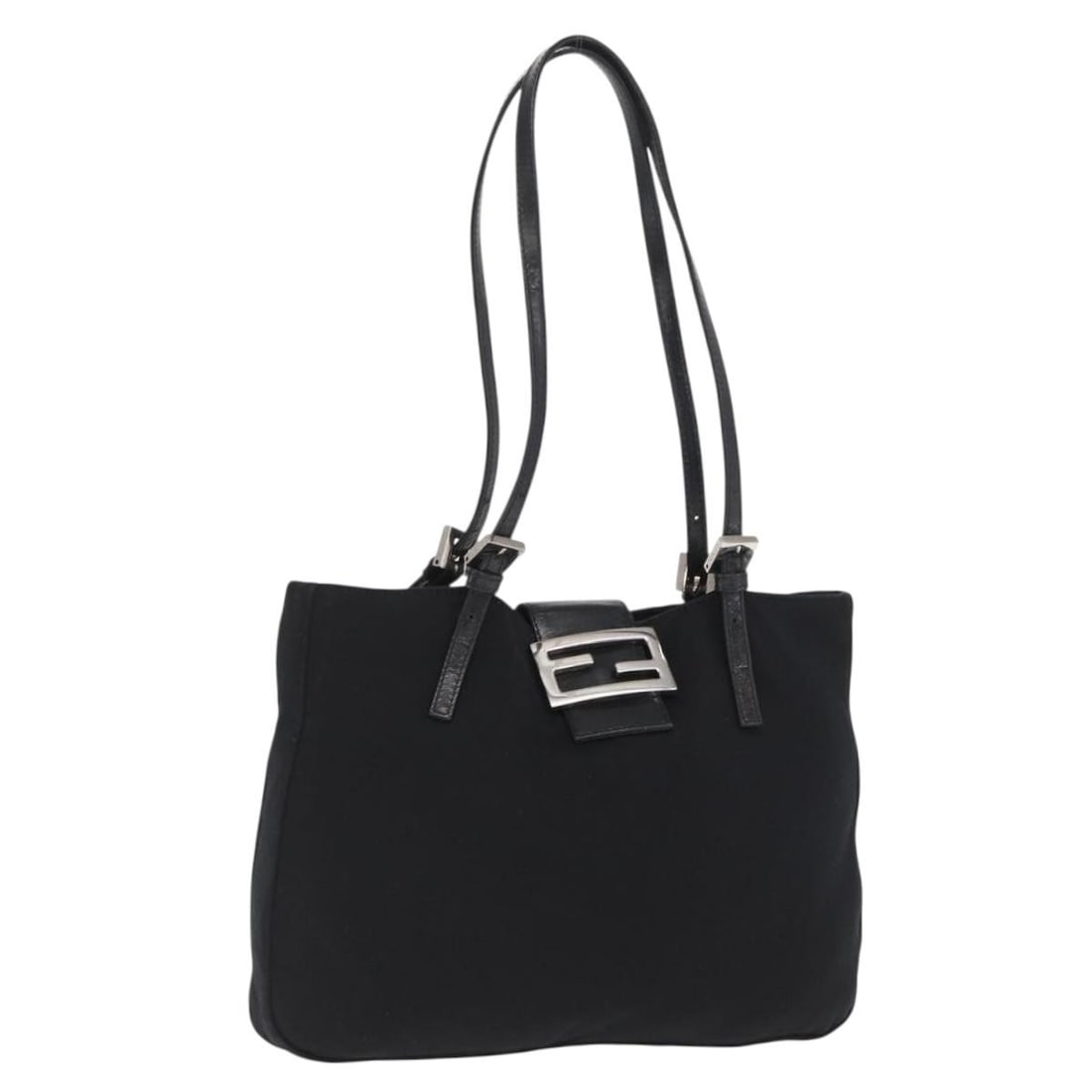 Fendi Mamma Baguette Black Nylon Tote with Silver Tone Hardware: Fendi Mamma Baguette Black Nylon Tote with Silver Tone Hardware A Fendi Mamma Baguette tote bag in black and silver, made from nylon and crafted in Italy. The bag measures approximately 30 cm x 20 cm 