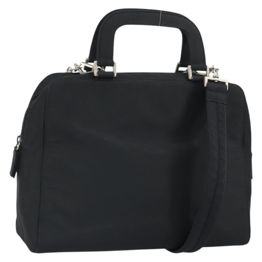 Black Nylon PRADA Two Way Handbag with Silver Details and Shoulder Strap: Black Nylon PRADA Two Way Handbag with Silver Details and Shoulder Strap This PRADA 2-way handbag features black nylon with silver-tone accents and can be carried by hand or worn with the included sho