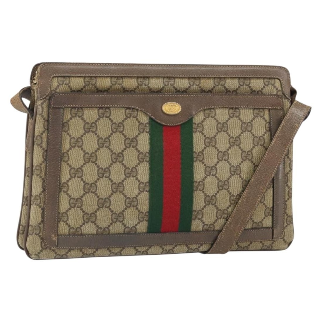Gucci Sherry Line GG Canvas Shoulder Bag Beige Gold Italy: Gucci Sherry Line GG Canvas Shoulder Bag Beige Gold Italy Gucci GG Supreme Web Sherry Line shoulder bag in beige and gold, made from GG canvas and crafted in Italy. This pre-owned bag measures approxi