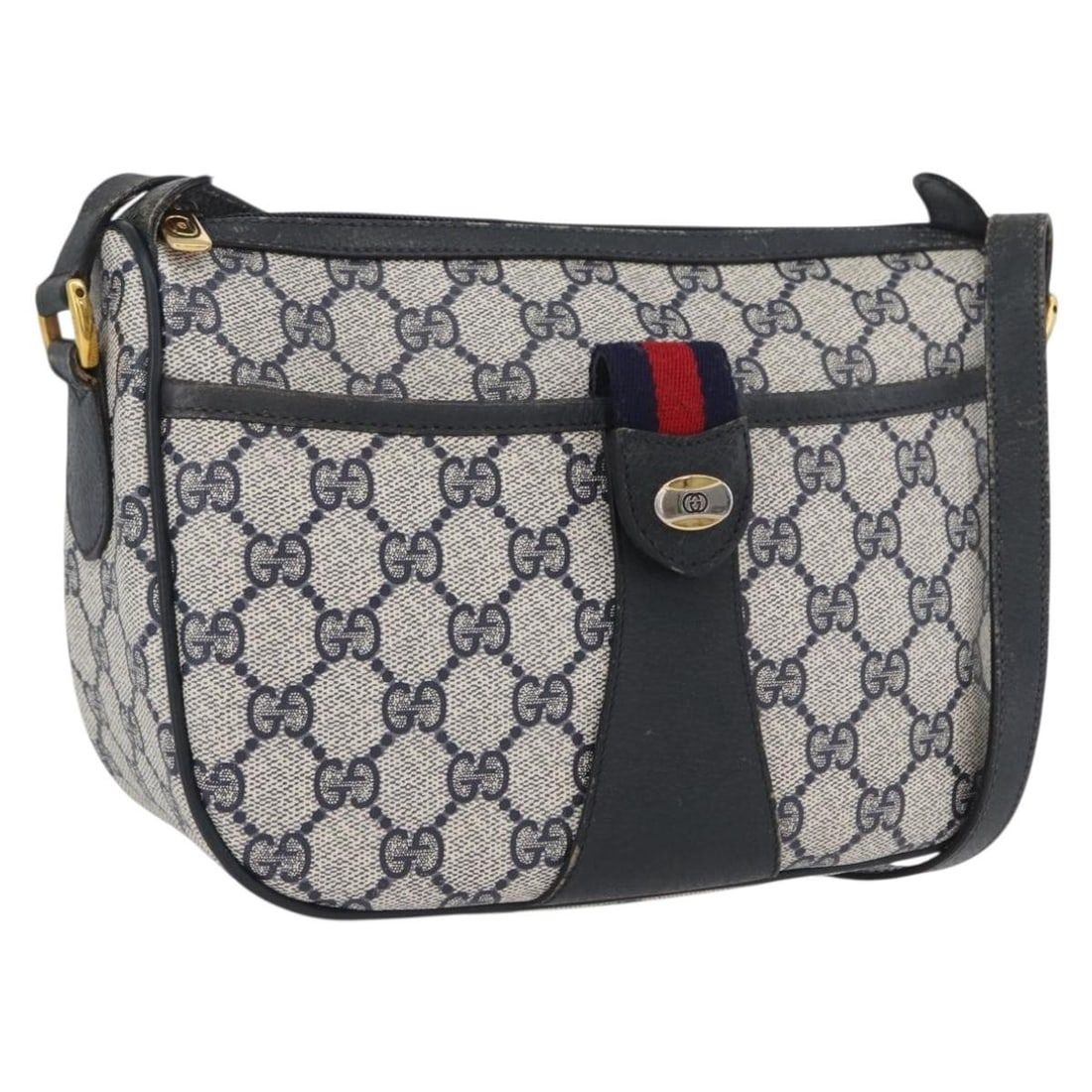 Gucci GG Supreme Navy Sherry Line Shoulder Bag PVC Leather 89 02 032: Gucci GG Supreme Navy Sherry Line Shoulder Bag PVC Leather 89 02 032 This is a Gucci GG Supreme Sherry Line shoulder bag crafted from navy and gold PVC leather with GG canvas accents. Designed for wom