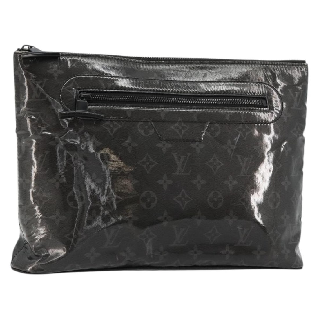 Louis Vuitton M63373 Pochette Cosmos Monogram Eclipse Canvas Clutch: Louis Vuitton M63373 Pochette Cosmos Monogram Eclipse Canvas Clutch Louis Vuitton Monogram Eclipse Glaze Pochette Cosmos in black Monogram Eclipse Canvas, presented as a clutch bag. Made in Italy, it 