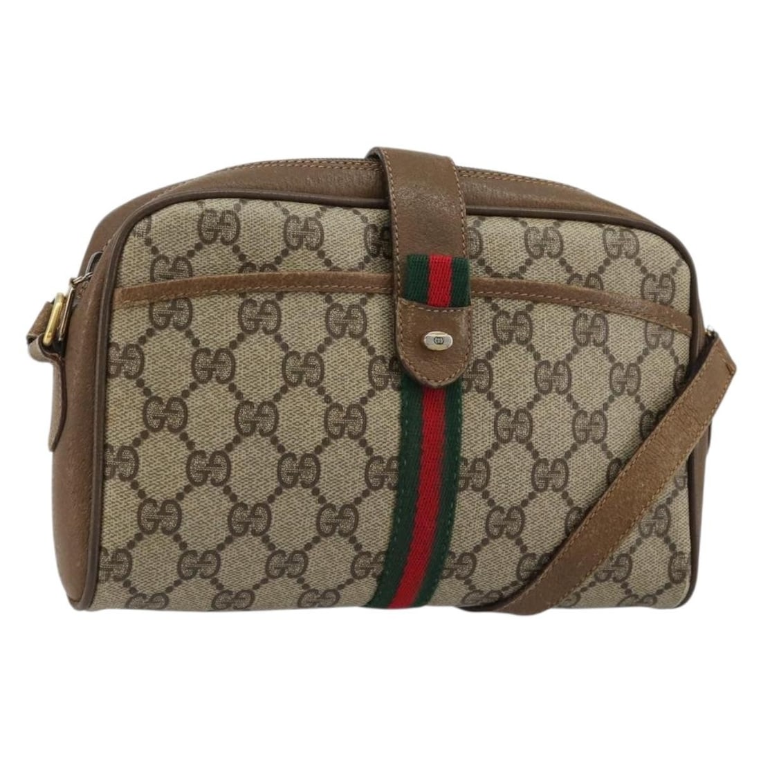 Gucci Sherry Line GG Canvas Shoulder Bag Beige 116 02 055: Gucci Sherry Line GG Canvas Shoulder Bag Beige 116 02 055 Gucci GG Supreme Web Sherry Line shoulder bag in beige GG canvas, made in Italy. This pre-owned bag measures approximately W21 x H14 x D4 cm, 