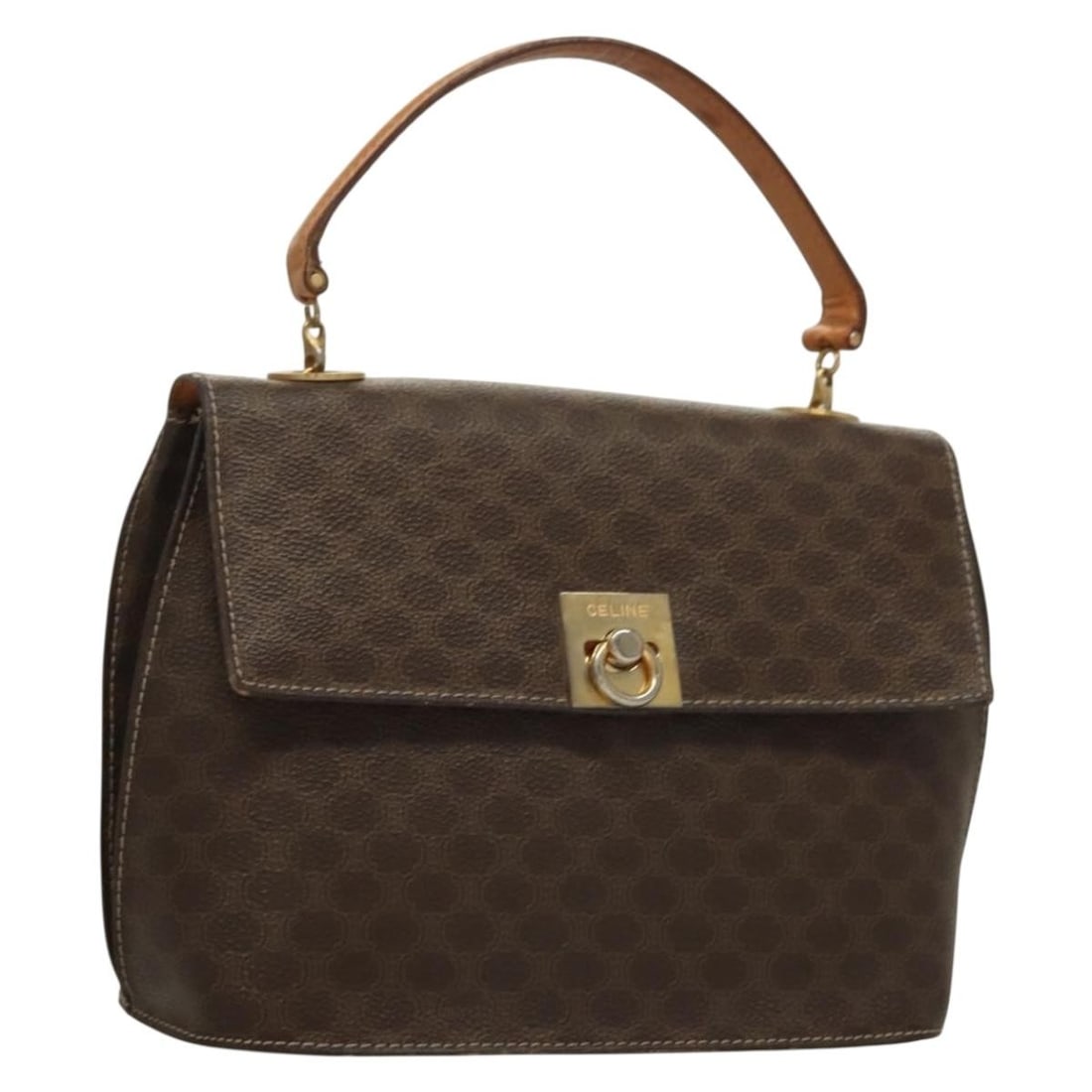 CELINE Macadam Canvas Hand Bag PVC Leather Brown Gold Made in Italy: CELINE Macadam Canvas Hand Bag PVC Leather Brown Gold Made in Italy This CELINE Macadam Canvas Hand Bag combines elegance and functionality. Crafted in Italy, it features a sophisticated blend of PVC 