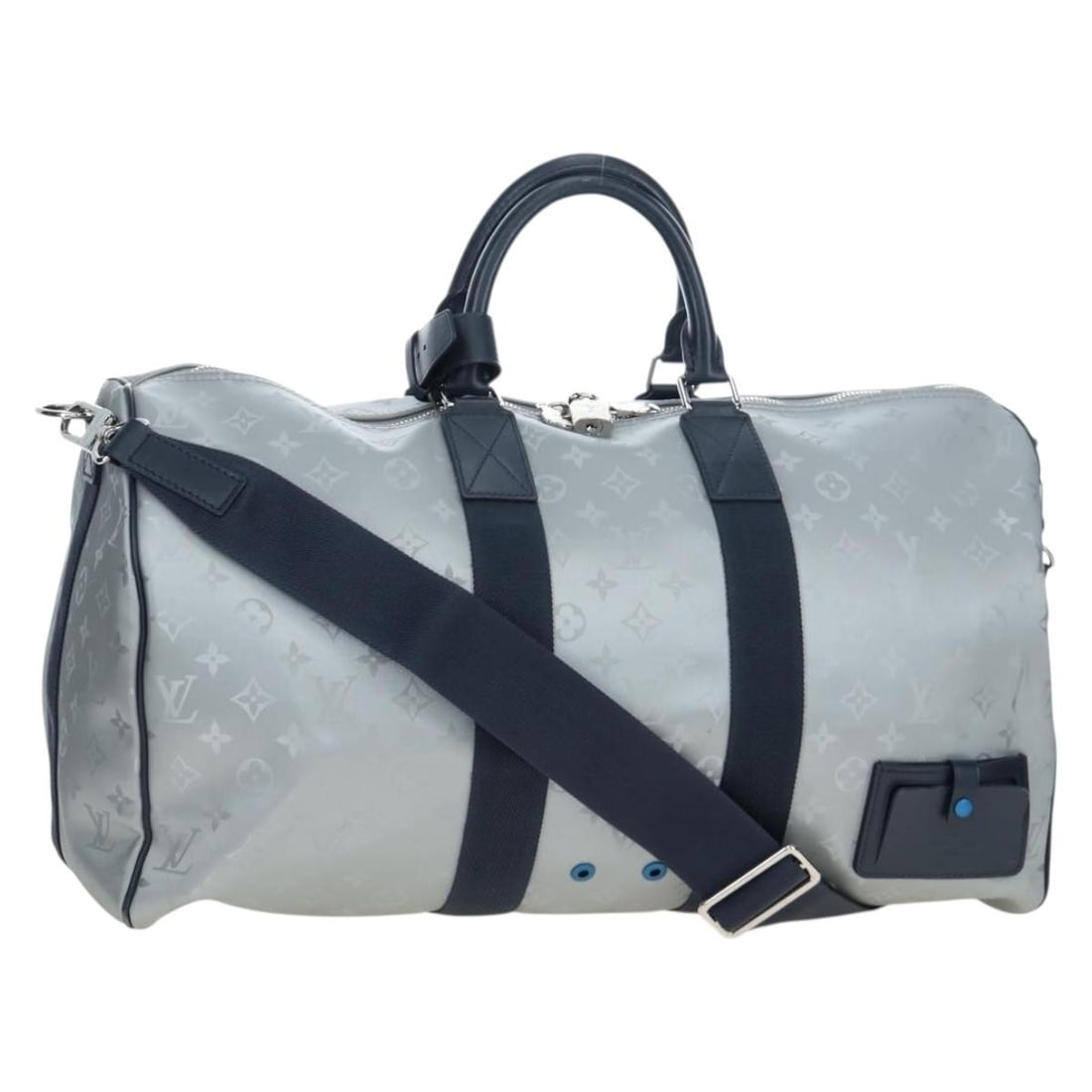 Louis Vuitton M44170 Monogram Canvas Boston Bag with Strap: Louis Vuitton M44170 Monogram Canvas Boston Bag with Strap Louis Vuitton Monogram Satellite Keepall Bandouliere 50 is a Boston bag made from Monogram Canvas in silver. It is made in France and comes w