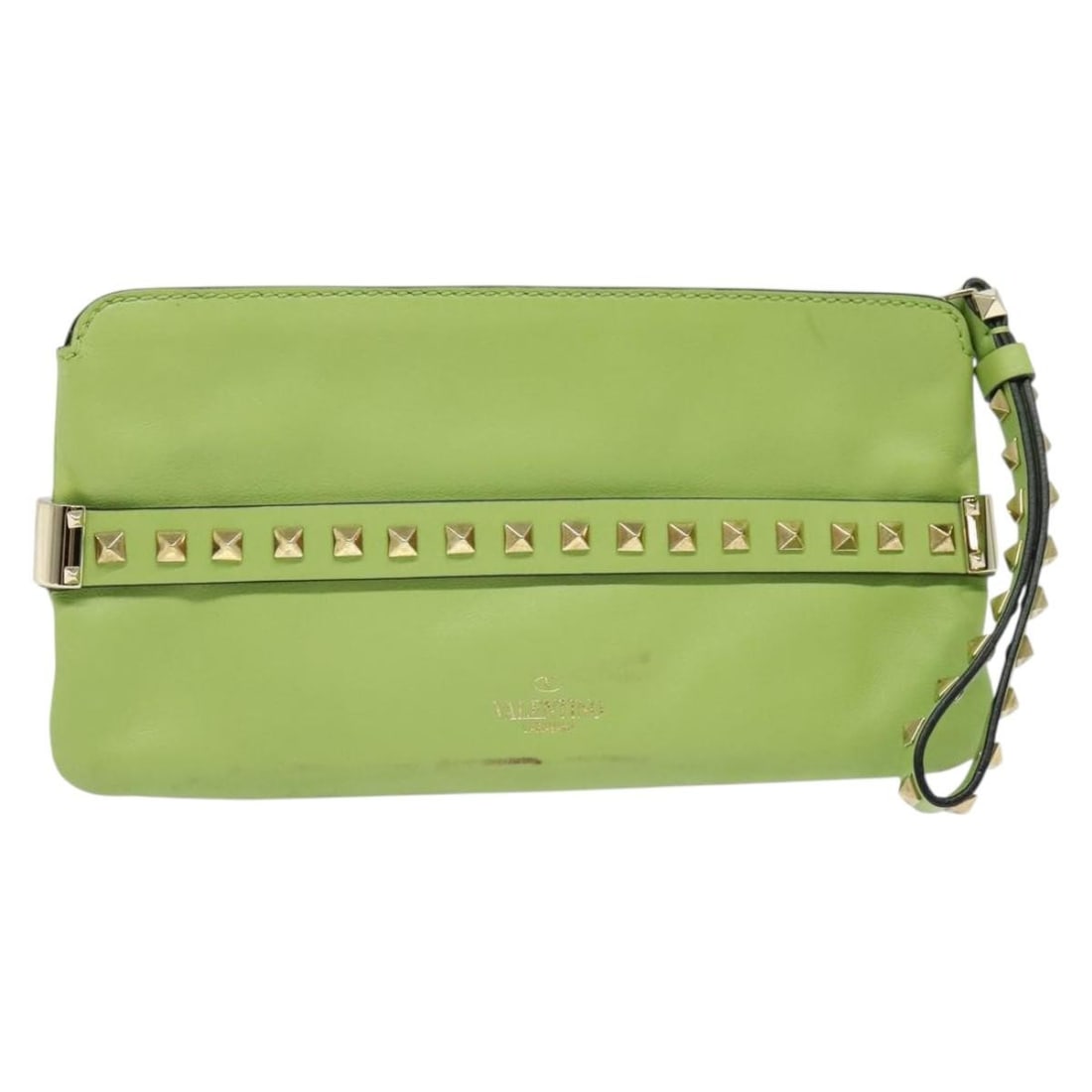 Valentino Gold Light Green Leather Studded Clutch Bag Italy: Valentino Gold Light Green Leather Studded Clutch Bag Italy This Valentino clutch bag features a stylish gold and light green leather exterior. Designed for women, it is crafted in Italy and offers a 