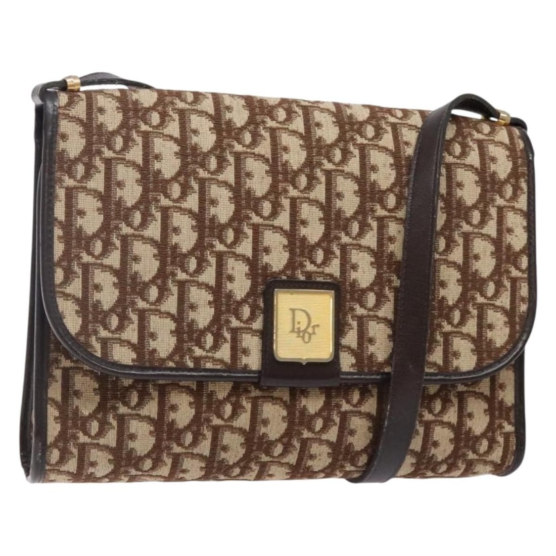 Christian Dior Trotter Shoulder Bag in Brown Gold Canvas: Christian Dior Trotter Shoulder Bag in Brown Gold Canvas Christian Dior shoulder bag in brown and gold Trotter Canvas, made in France. The bag measures approximately W24 cm x H16 cm x D4 cm, with a sh