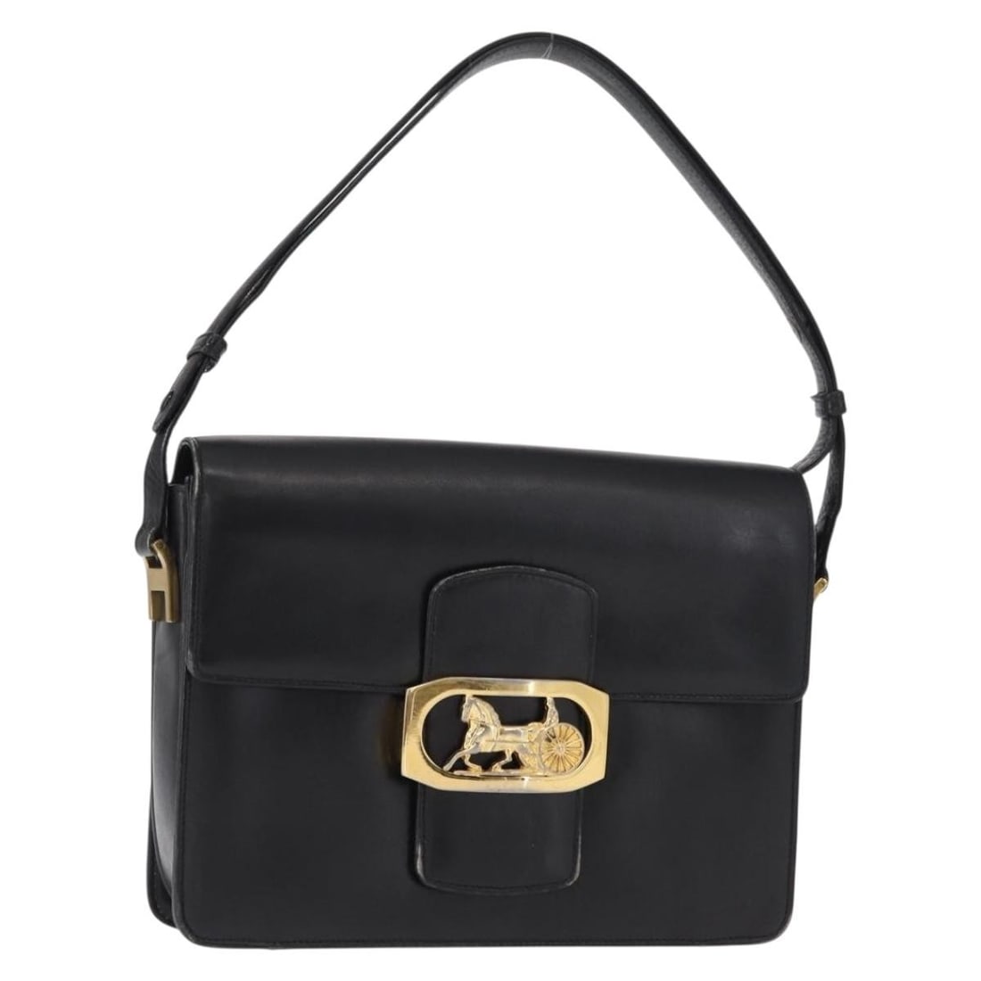 CELINE Horse Carriage black leather shoulder bag gold tone: CELINE Horse Carriage black leather shoulder bag gold tone Authentic CELINE Horse Carriage shoulder bag in black leather with gold-tone detailing. Made in Italy, this women's shoulder bag has a compac