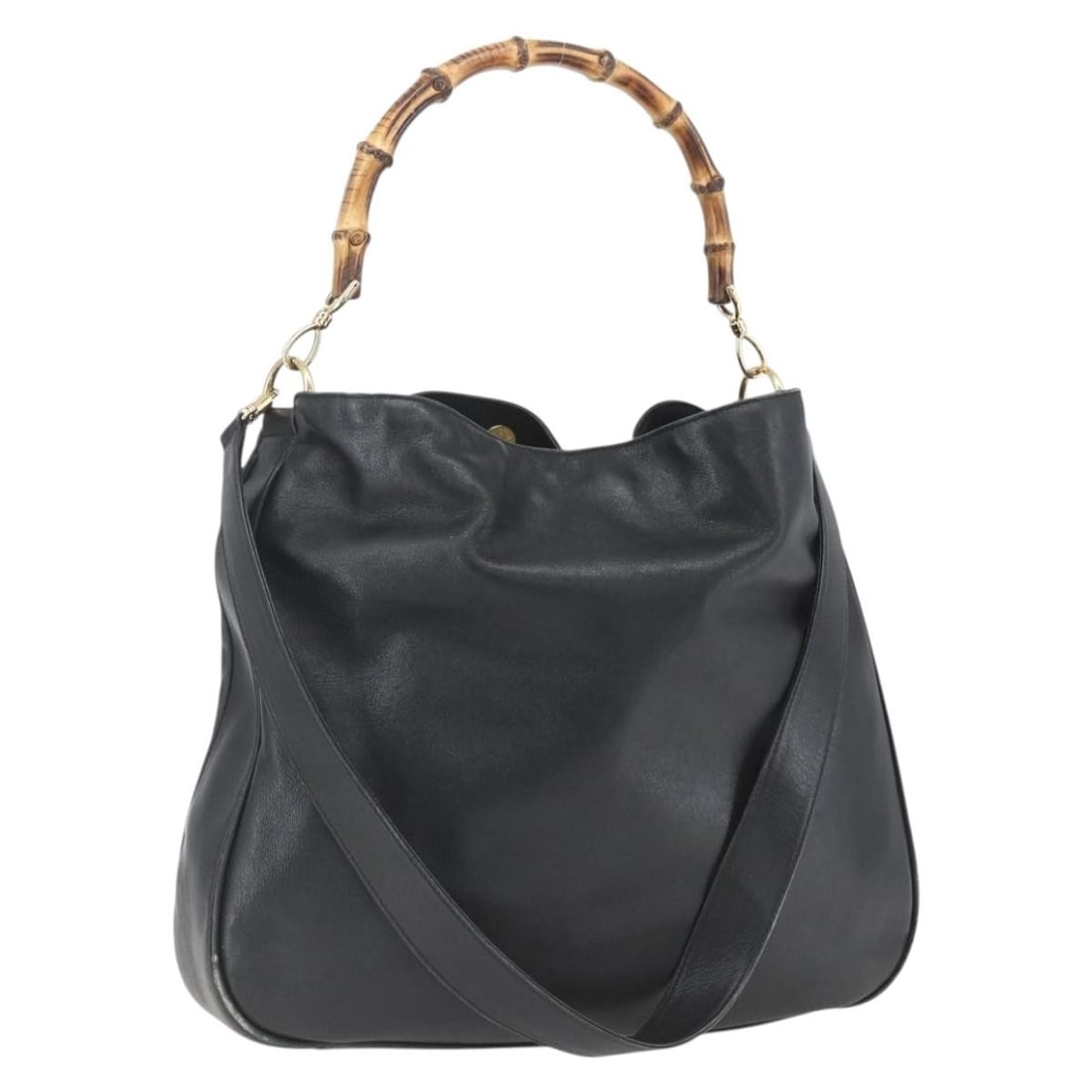 Gucci Black Leather Bamboo Shoulder Bag with Gold Accents 001 1577 2way: Gucci Black Leather Bamboo Shoulder Bag with Gold Accents 001 1577 2way This is a Gucci Bamboo shoulder bag crafted from black leather with gold-tone accents. Designed for women, it features a 2-way c