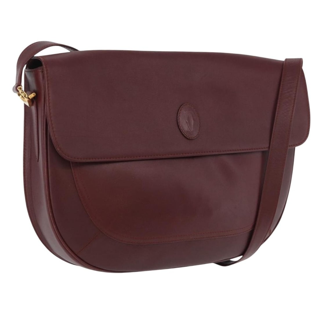 Cartier Must Line Bordeaux Leather Shoulder Purse with Gold Accents: Cartier Must Line Bordeaux Leather Shoulder Purse with Gold Accents This Cartier Must Line shoulder bag is crafted from bordeaux leather with gold-tone accents. Designed for women, it features an adju