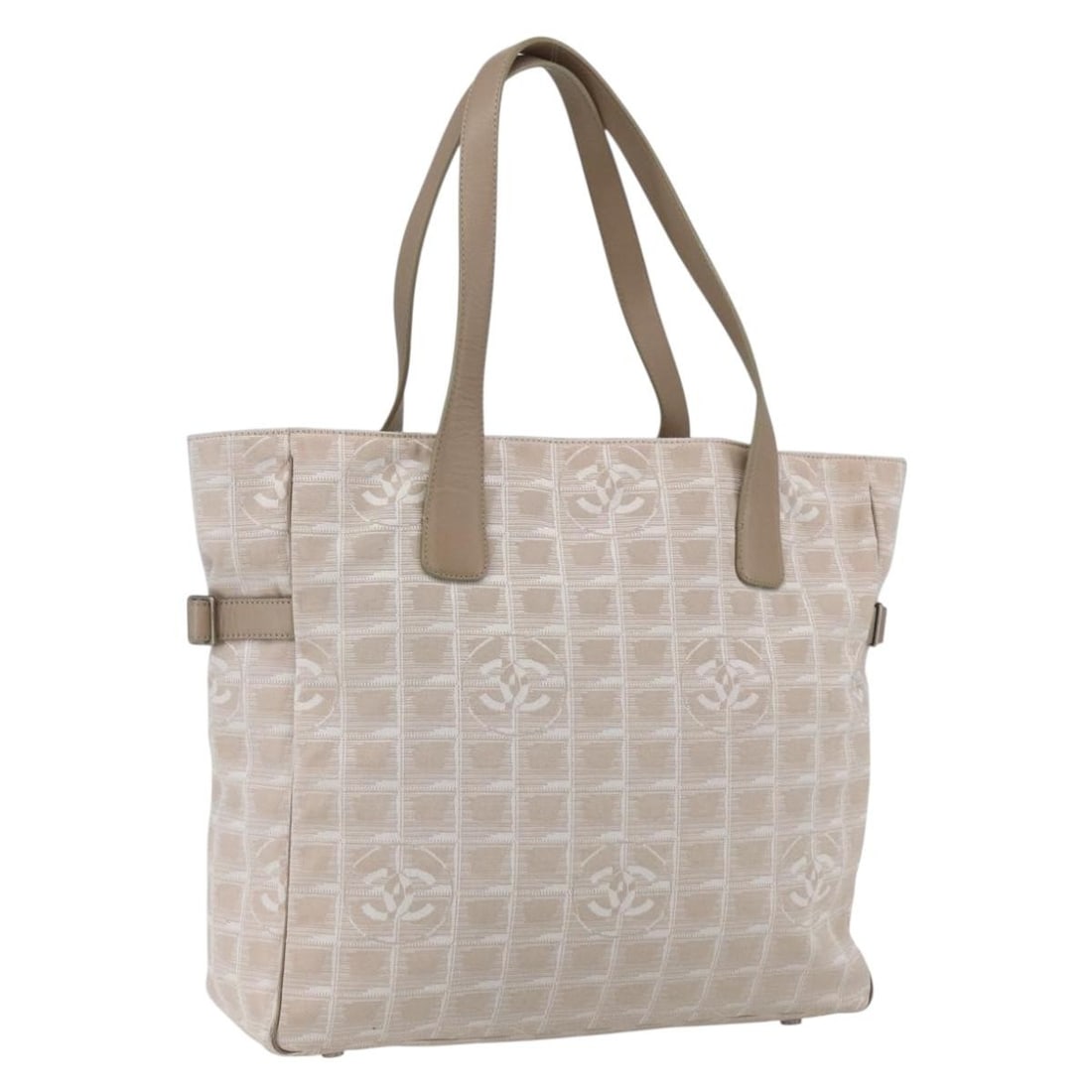 CHANEL New Travel Line Beige Nylon Tote Silver Tone: CHANEL New Travel Line Beige Nylon Tote Silver Tone This CHANEL New Travel Line tote bag is crafted in beige and silver nylon and made in Italy. It features a tote bag style with a structured size and