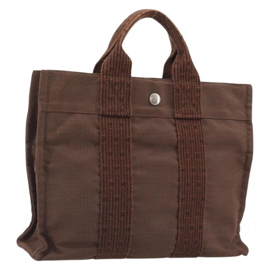Hermes Her Line PM Canvas Handbag Brown Silver France: Hermes Her Line PM Canvas Handbag Brown Silver France A Hermes Her Line PM handbag in brown and silver, made from canvas and crafted in France. The bag measures approximately W30 cm x H23 cm x D8 cm, 