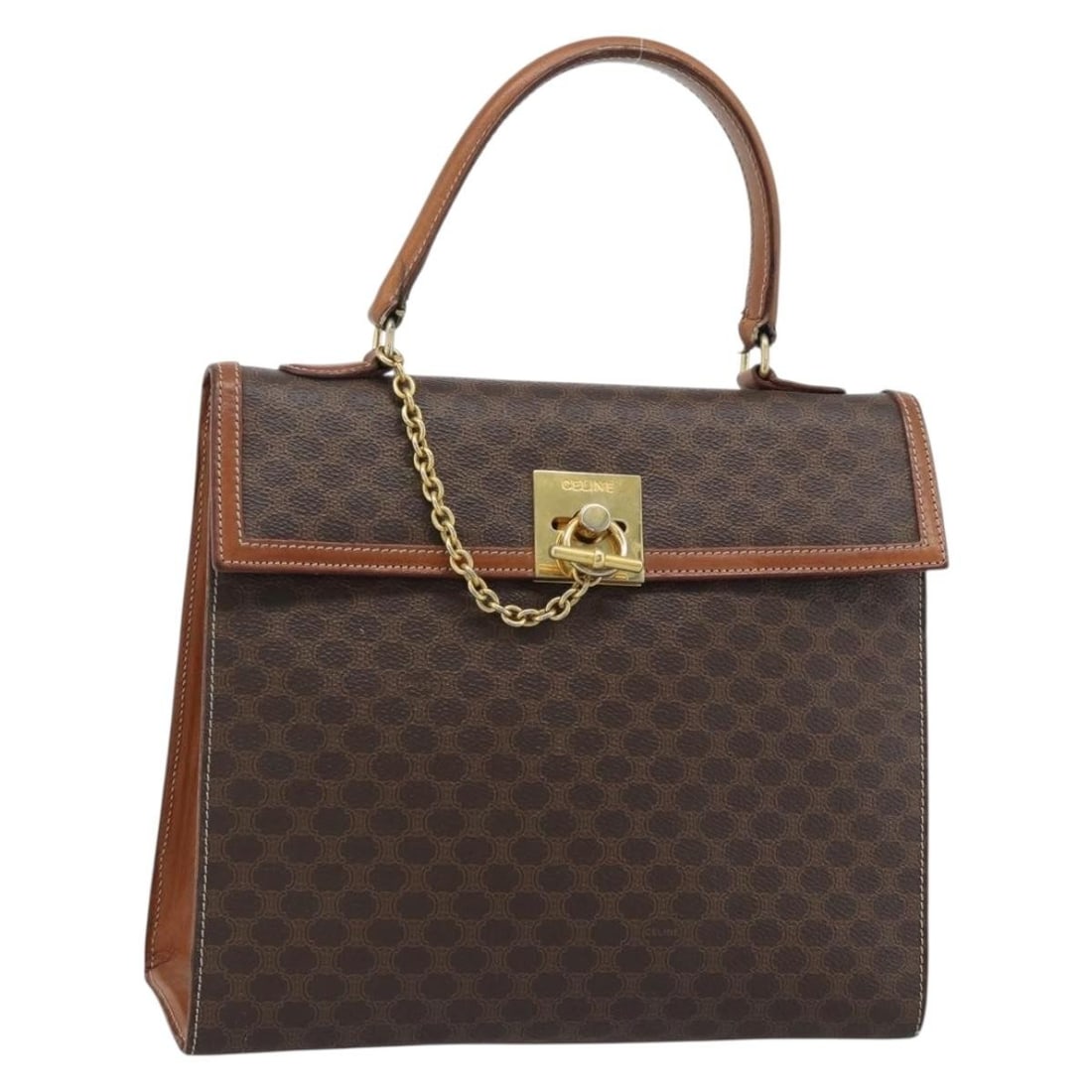 CELINE Macadam Canvas PVC Leather Handbag Brown Gold Tone: CELINE Macadam Canvas PVC Leather Handbag Brown Gold Tone Celine Macadam canvas hand bag in brown with gold-tone accents, made in Italy. This women's bag is crafted from PVC leather and Macadam canvas