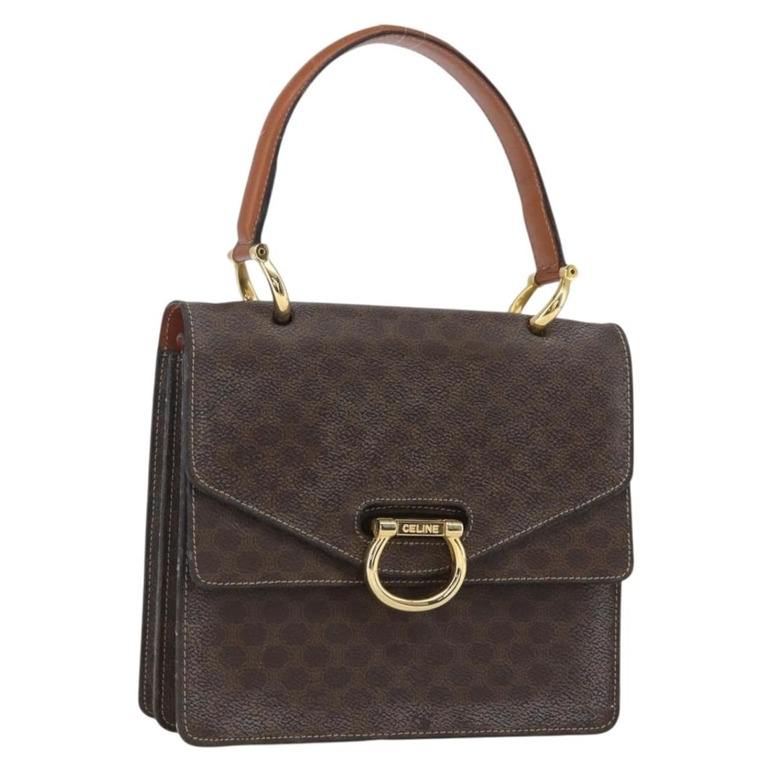 Celine Brown Macadam PVC Leather Handbag with Gold Tone Accents: Celine Brown Macadam PVC Leather Handbag with Gold Tone Accents This CELINE Macadam handbag features a classic brown and gold colorway crafted from PVC leather. The bag is made in Italy and includes a