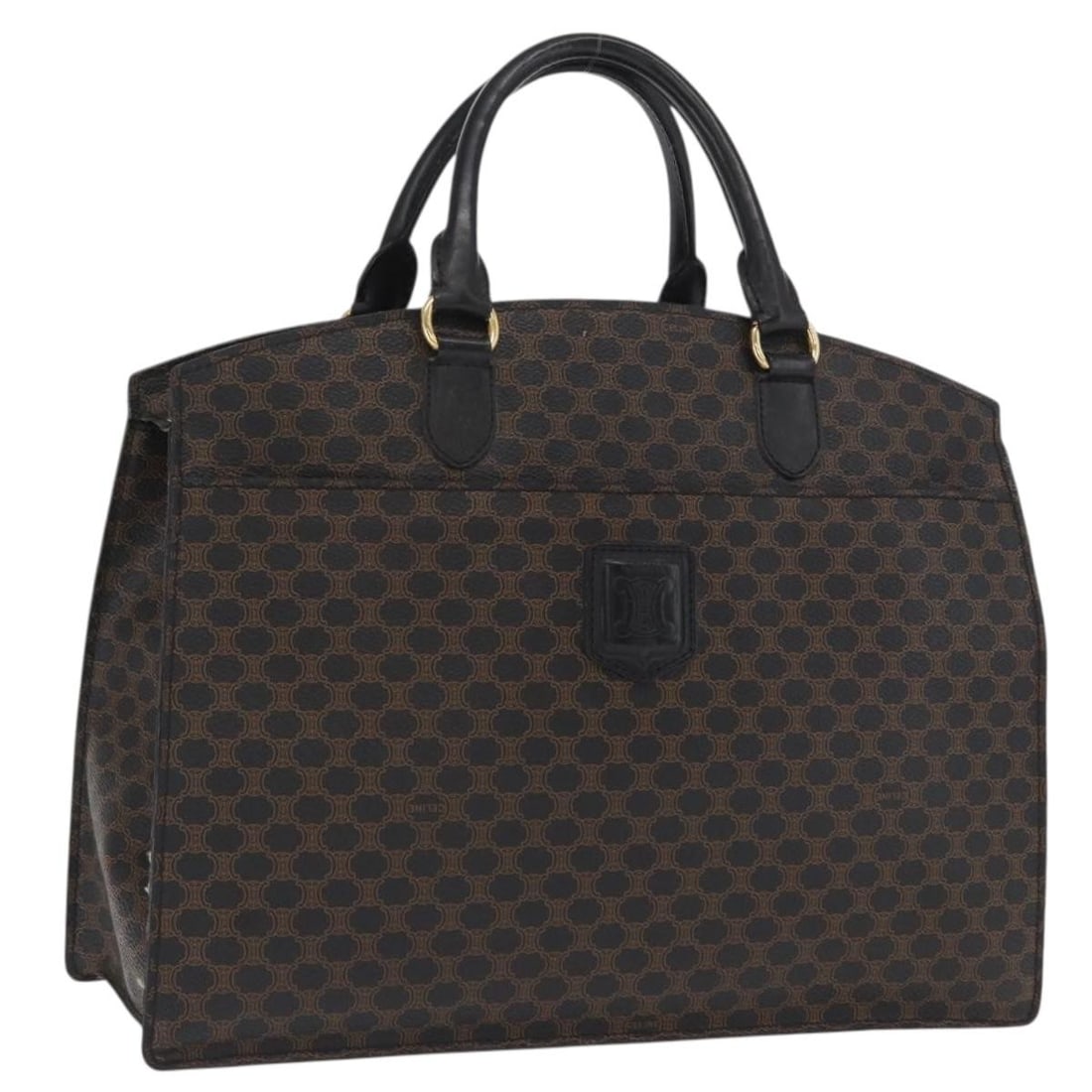 Celine Macadam Canvas Black Gold PVC Leather Handbag for Women: Celine Macadam Canvas Black Gold PVC Leather Handbag for Women This CELINE Macadam hand bag features a classic design crafted from PVC leather and Macadam canvas in black with gold-tone accents. Made 
