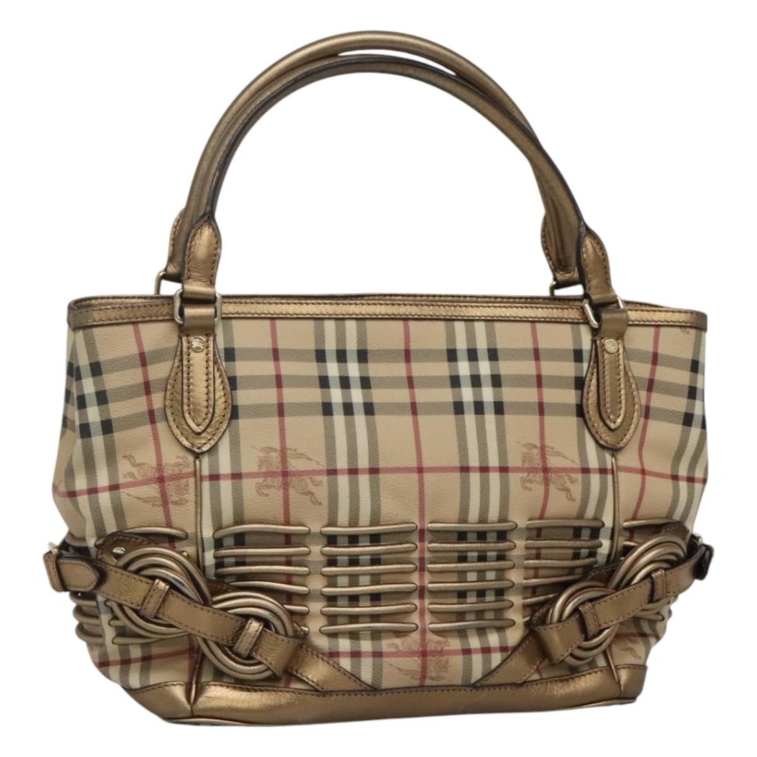 Burberry Nova Check Beige PVC Leather Handbag Gold Tone: Burberry Nova Check Beige PVC Leather Handbag Gold Tone Burberry Nova Check hand bag in beige and gold PVC leather, made in Italy. The bag measures approximately W33 cm x H27 cm x D15 cm, with a handl