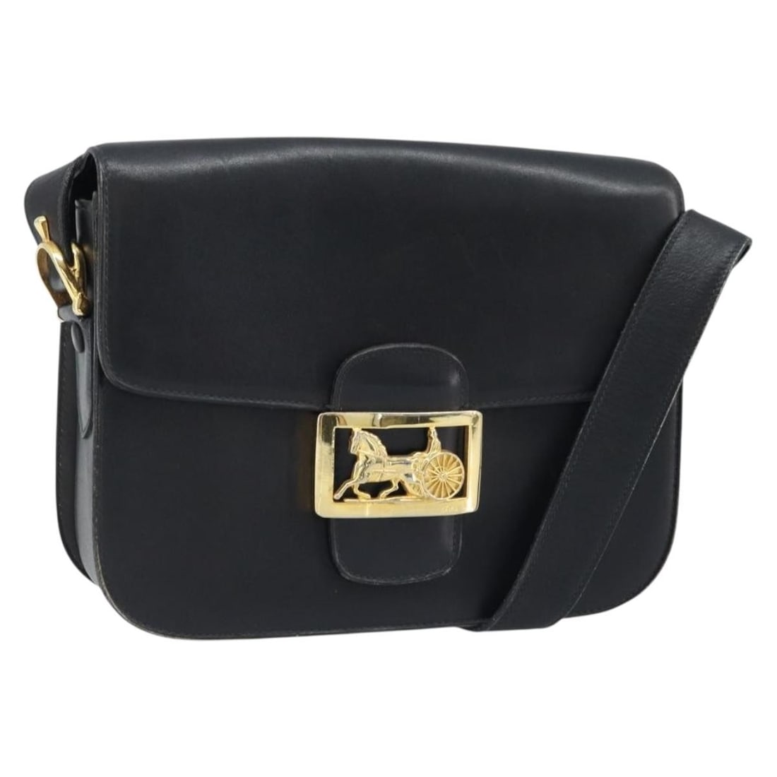 CELINE Horse Carriage Leather Shoulder Bag Black Gold Tone: CELINE Horse Carriage Leather Shoulder Bag Black Gold Tone Authentic CELINE Horse Carriage shoulder bag in black leather with gold-tone accents. This women's shoulder bag shows heavy use, including we