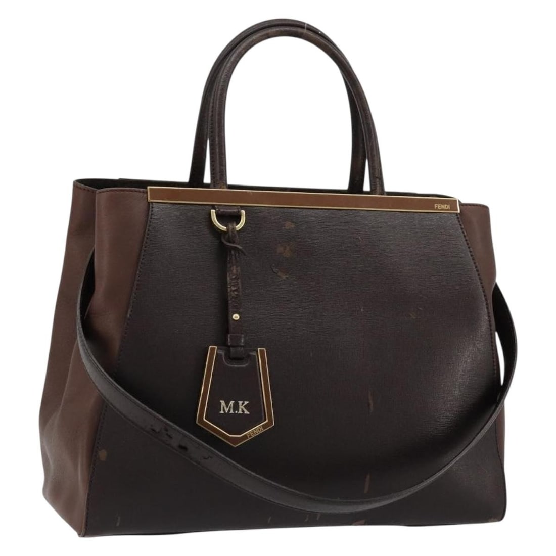 Fendi To Joule Leather 2way Tote Brown Gold Name Tag Strap: Fendi To Joule Leather 2way Tote Brown Gold Name Tag Strap Fendi To Joule 2-way tote bag in brown leather with gold-tone accents. Made in Italy, this women's bag includes a shoulder strap and name tag