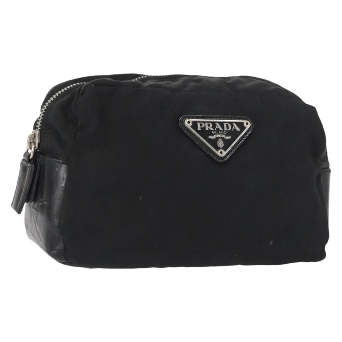 Black Nylon and Leather Prada Pouch Made in Italy: Black Nylon and Leather Prada Pouch Made in Italy This is a PRADA pouch crafted from black nylon with leather accents. Made in Italy, it features a compact design ideal for daily essentials. The pouch