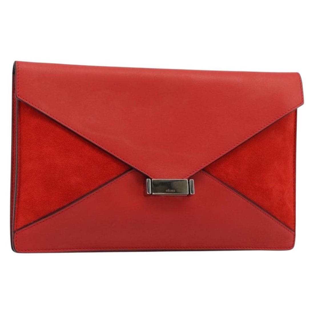 CELINE Red Leather Clutch Bag with Dust Bag Silver Tone: CELINE Red Leather Clutch Bag with Dust Bag Silver Tone A CELINE leather clutch bag in red with silver-tone hardware. It comes with a dust bag and was made in Italy. The bag measures approximately W28