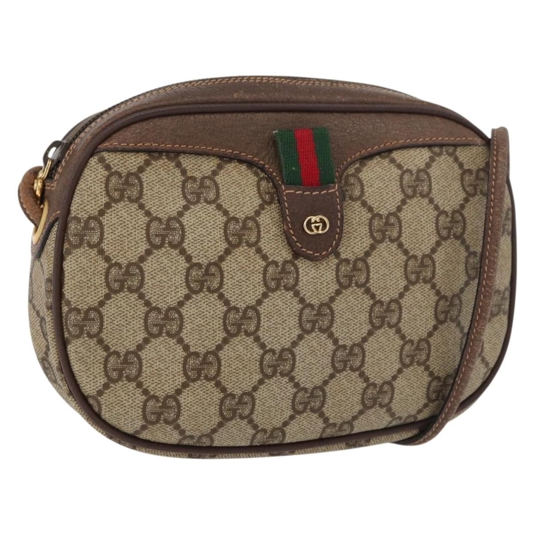 Gucci Sherry Line GG Supreme PVC Shoulder Bag Beige Gold 007 58 6112: Gucci Sherry Line GG Supreme PVC Shoulder Bag Beige Gold 007 58 6112 A Gucci GG Supreme Web Sherry Line shoulder bag in beige and gold, made from PVC leather and GG canvas. It features a shoulder stra