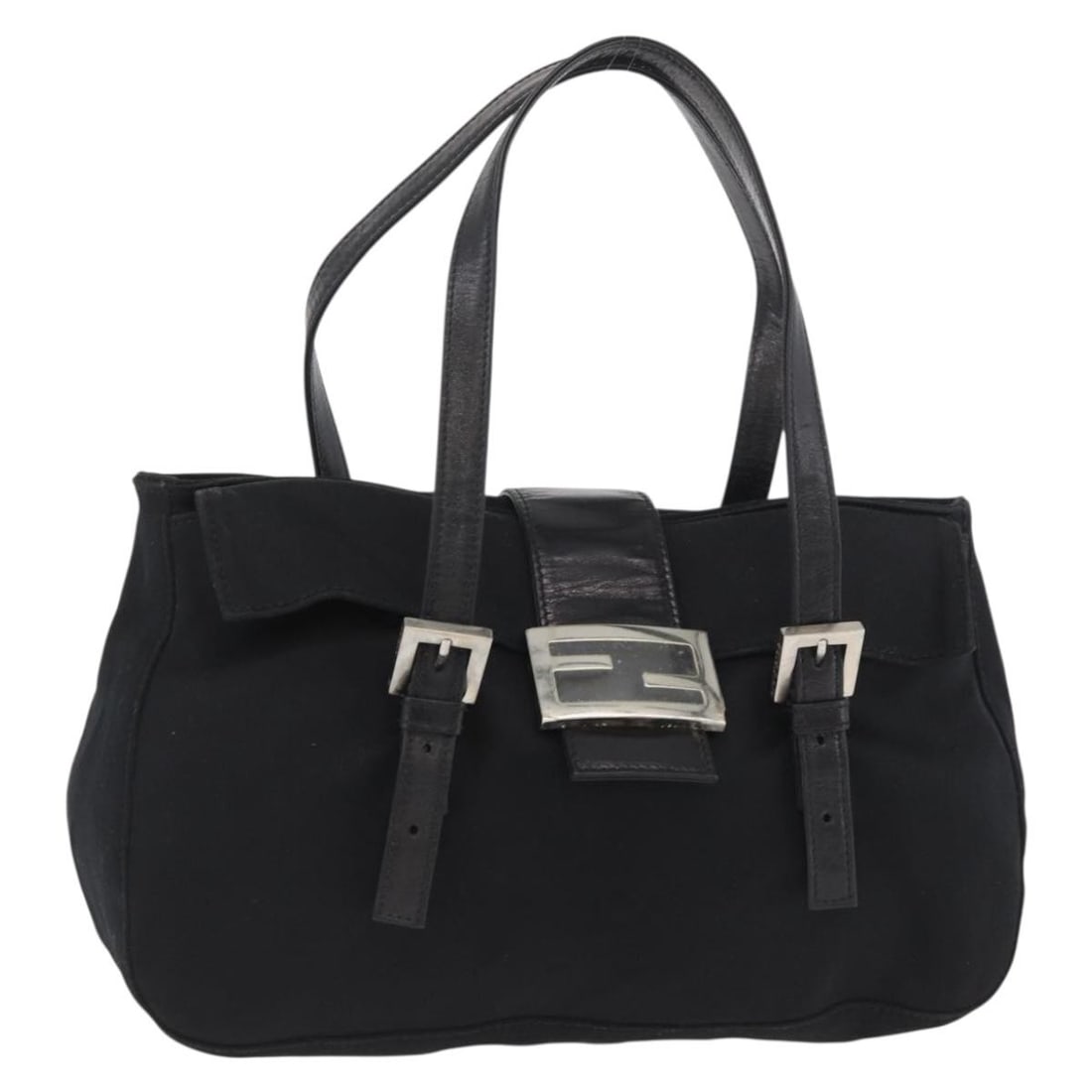 FENDI Mamma Baguette Nylon Handbag Black Silver Italy: FENDI Mamma Baguette Nylon Handbag Black Silver Italy FENDI Mamma Baguette hand bag in nylon with a black and silver exterior. Made in Italy, this women's bag measures approximately 30 cm wide, 18 cm 