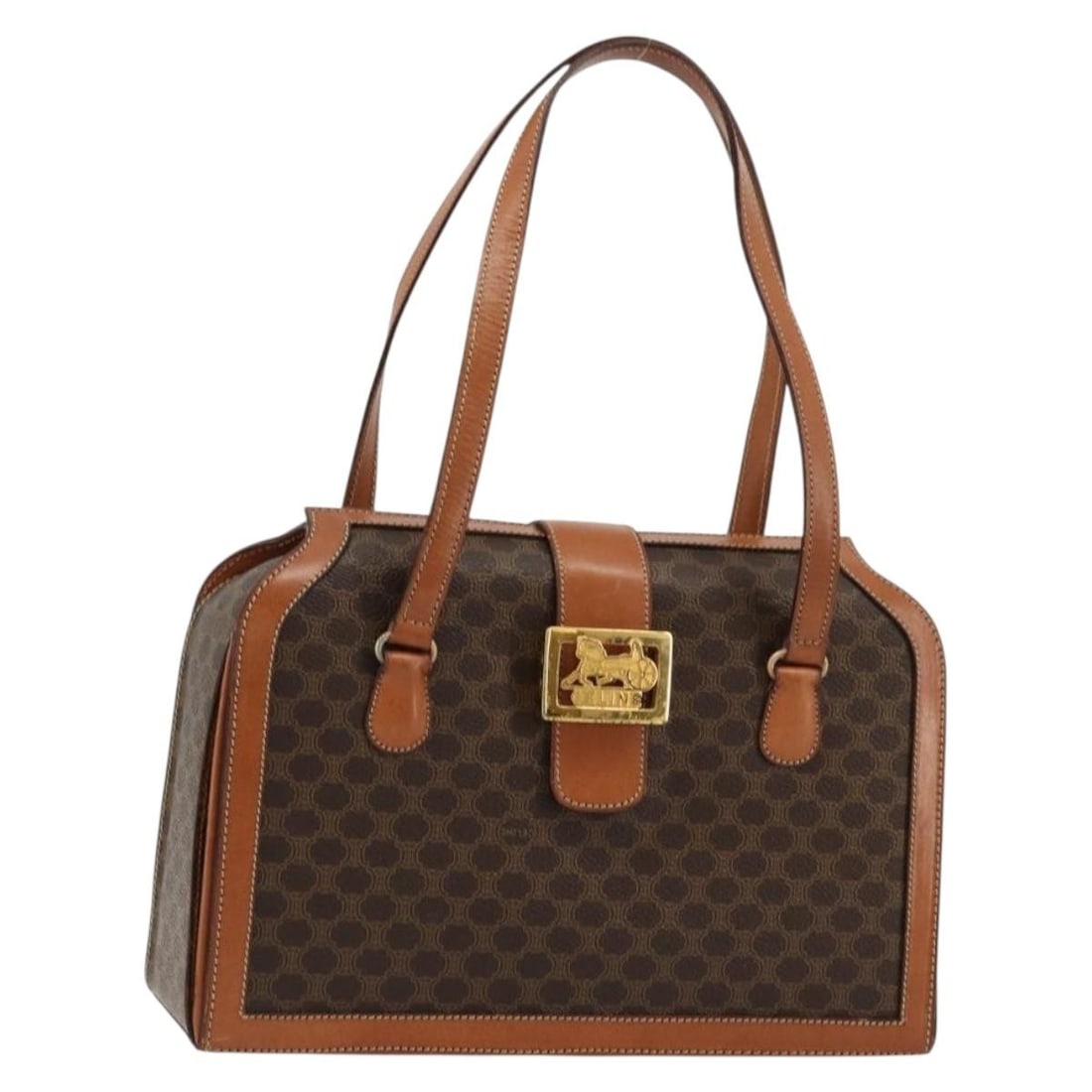 Celine Macadam Brown PVC Leather Handbag Gold Tone Hardware: Celine Macadam Brown PVC Leather Handbag Gold Tone Hardware A CELINE hand bag in brown and gold, made from PVC leather and Macadam canvas. It features a structured design with handle drop of approxima