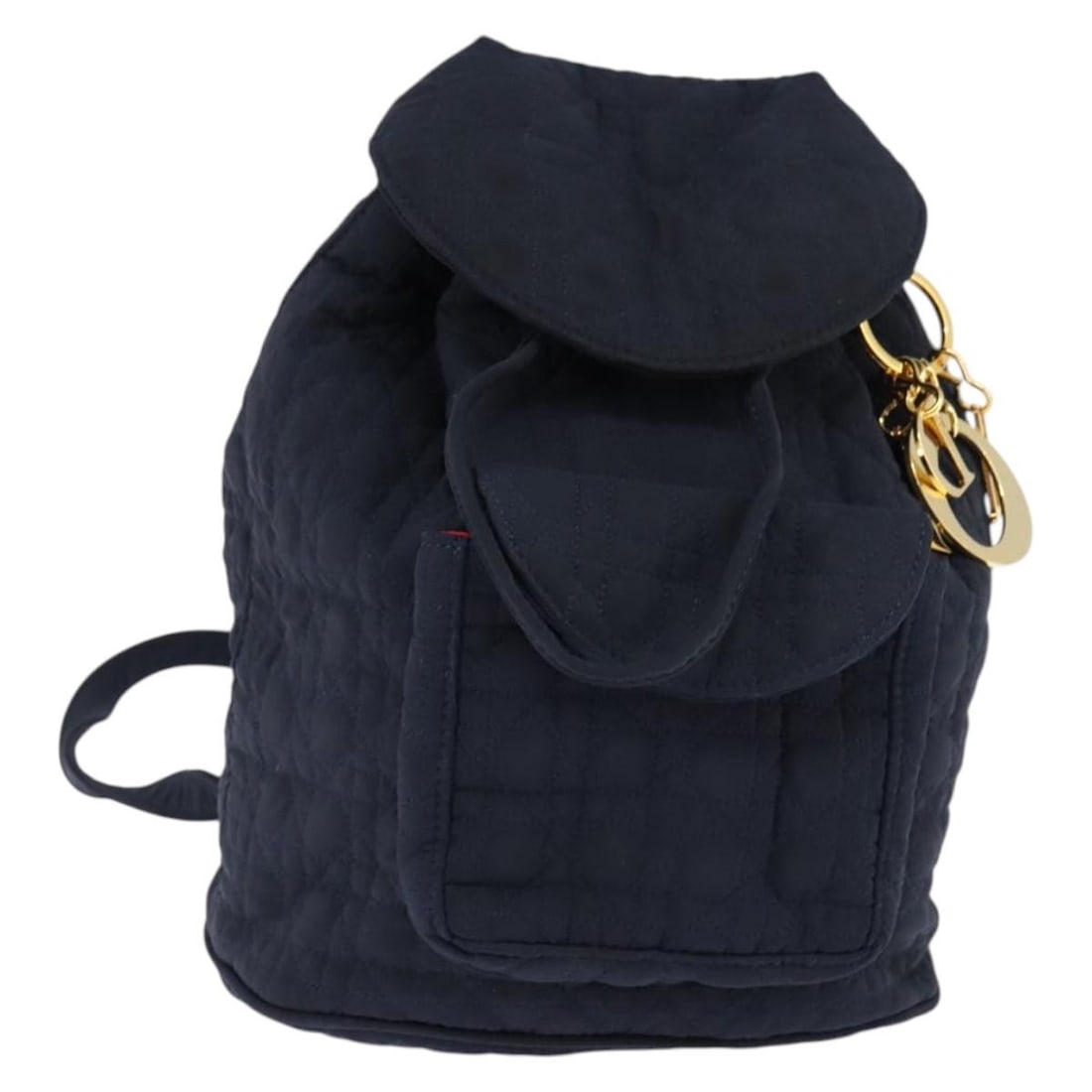 Christian Dior Cannage Nylon Backpack Navy Gold Tone Charm: Christian Dior Cannage Nylon Backpack Navy Gold Tone Charm Christian Dior Canage Backpack in navy and gold, made of nylon and crafted in Italy. It comes with a charm accessory and has a backpack style