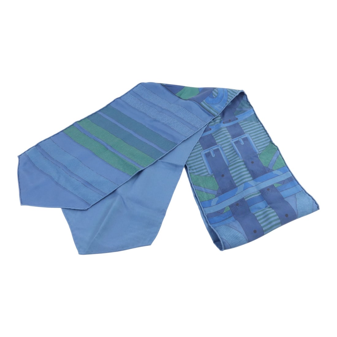 Hermes Maxi Twilly Silk Scarf Blue Green France: Hermes Maxi Twilly Silk Scarf Blue Green France A Hermes Maxi Twilly scarf in silk, presented in blue and green tones. Designed for women, this regular-size scarf is made in France and measures 208 cm