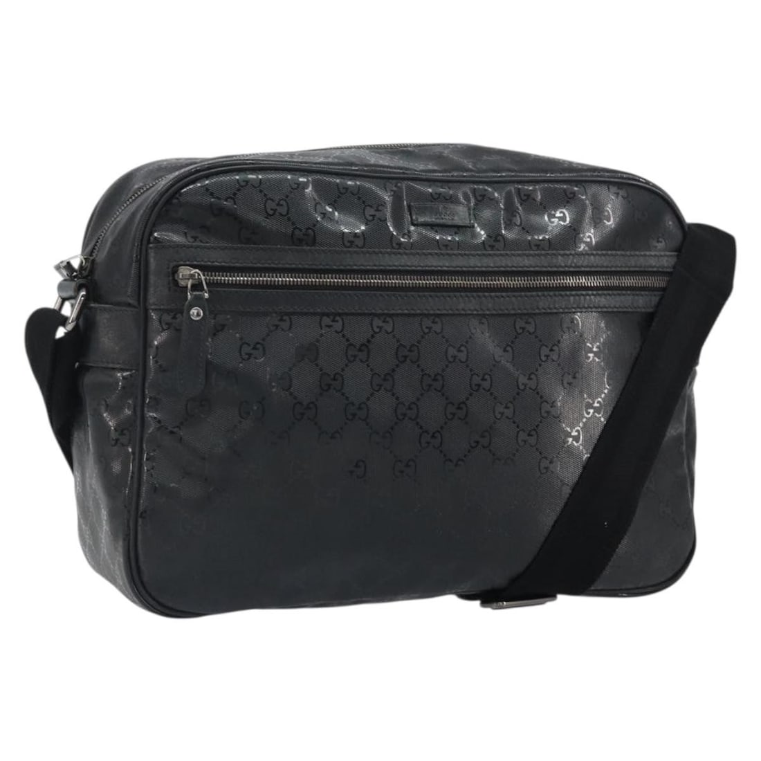 Gucci 211107 GG Canvas Shoulder Bag Black PVC Leather: Gucci 211107 GG Canvas Shoulder Bag Black PVC Leather Gucci GG shoulder bag in black PVC leather/GG canvas, made in Italy. It comes with a dust bag and features a shoulder strap with an approximate dr