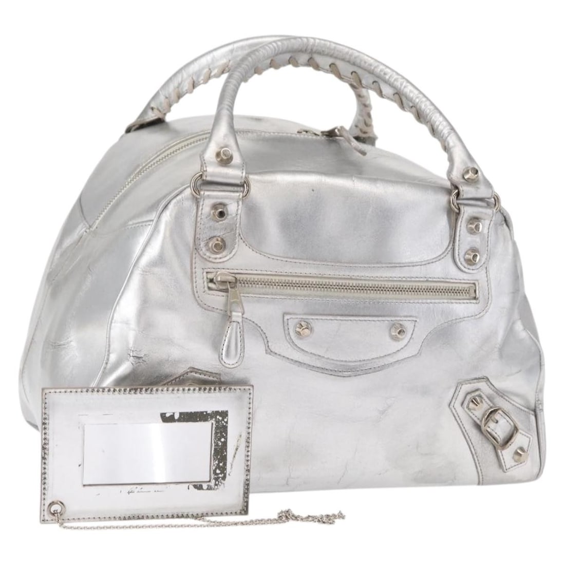 Balenciaga 203249 Silver Leather Handbag with Mirror: Balenciaga 203249 Silver Leather Handbag with Mirror Balenciaga Grease Hand Bag in silver leather, made in Italy. This women's handbag comes with a mirror accessory and features a handle drop of appro