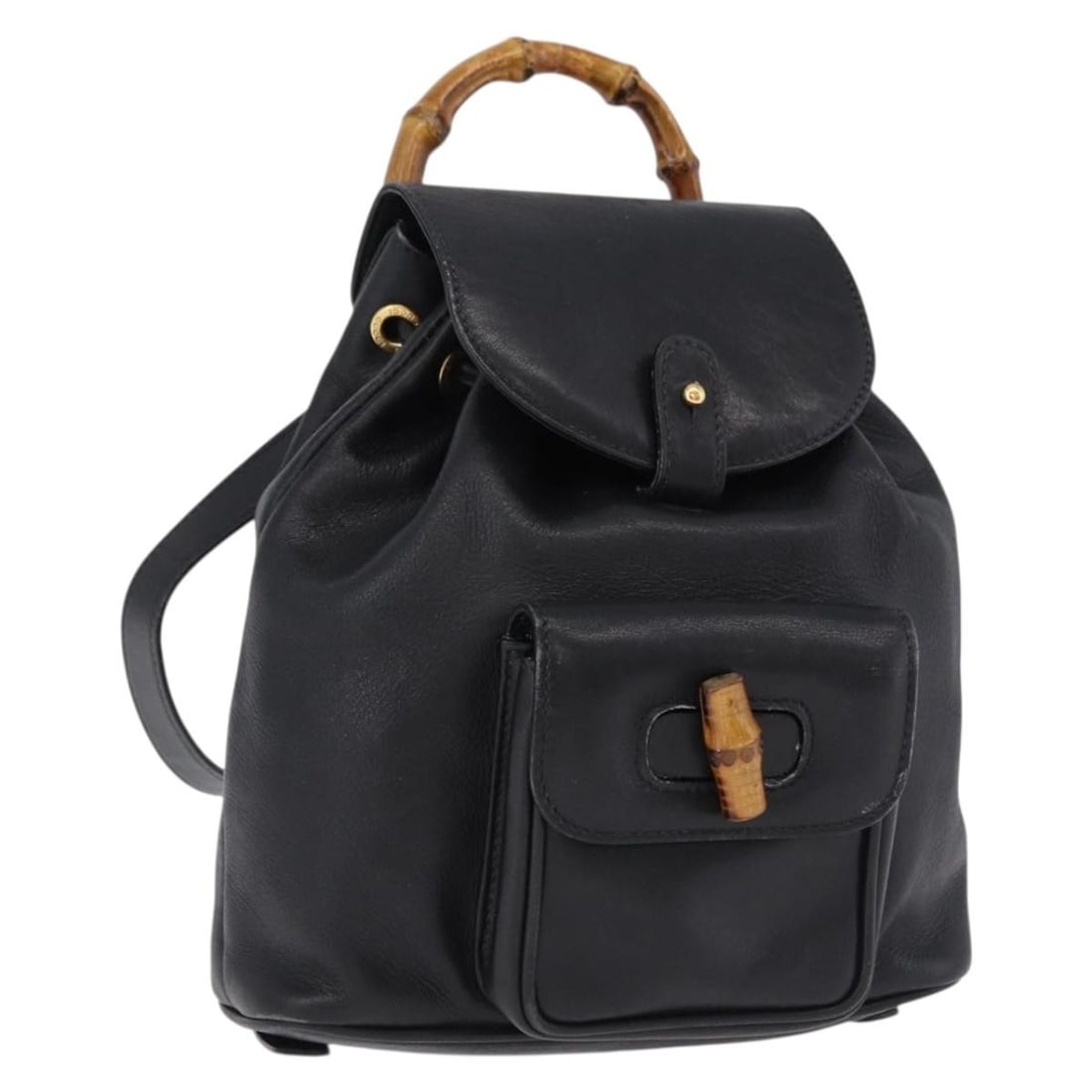 Gucci 003 2034 0030 black leather bamboo backpack: Gucci 003 2034 0030 black leather bamboo backpack Black leather Gucci Bamboo backpack in gold tone, made in Italy. The bag measures approximately W21 cm x H25 cm x D8 cm (W8.3 x H9.8 x D3.1 in) and is