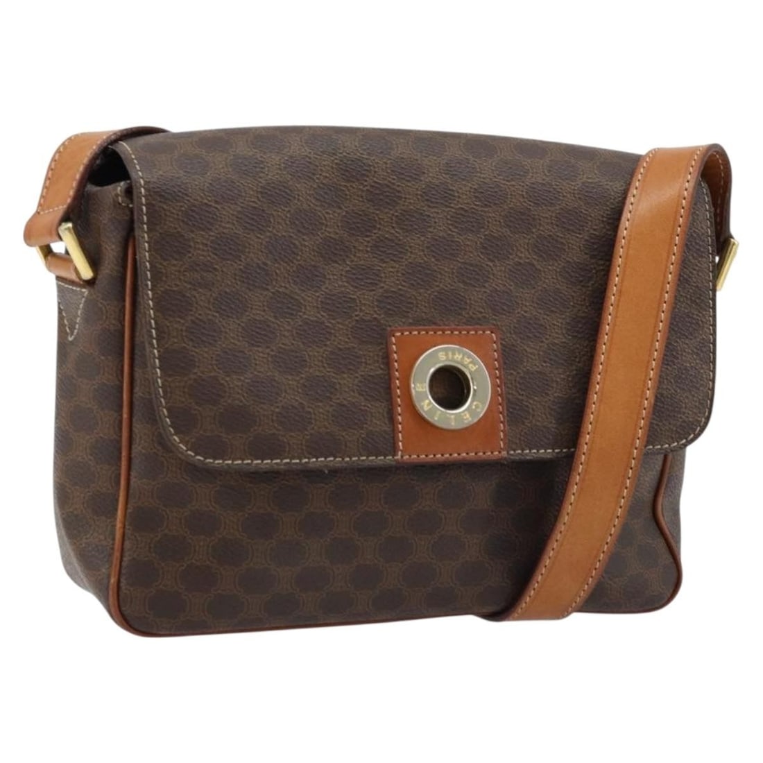 Celine Macadam Circle Shoulder Bag Brown PVC Leather Gold Tone: Celine Macadam Circle Shoulder Bag Brown PVC Leather Gold Tone A brown and gold shoulder bag crafted from PVC leather and Macadam canvas, made in Italy. The bag features a shoulder strap with an appro