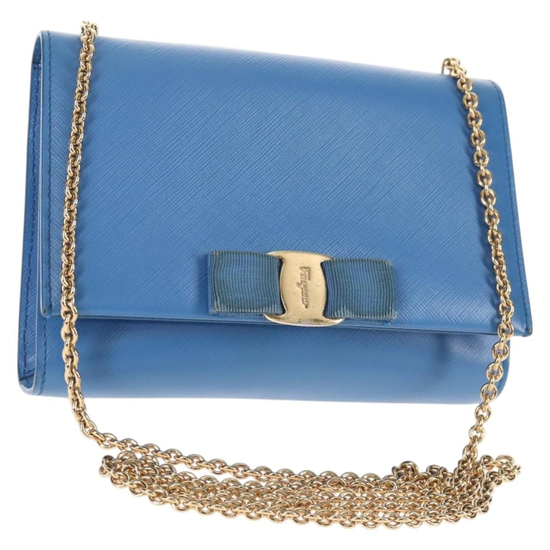 Salvatore Ferragamo Leather Chain Shoulder Bag Gold Light Blue: Salvatore Ferragamo Leather Chain Shoulder Bag Gold Light Blue This Salvatore Ferragamo shoulder bag is crafted from leather in a striking gold and light blue color combination. Designed for women, it