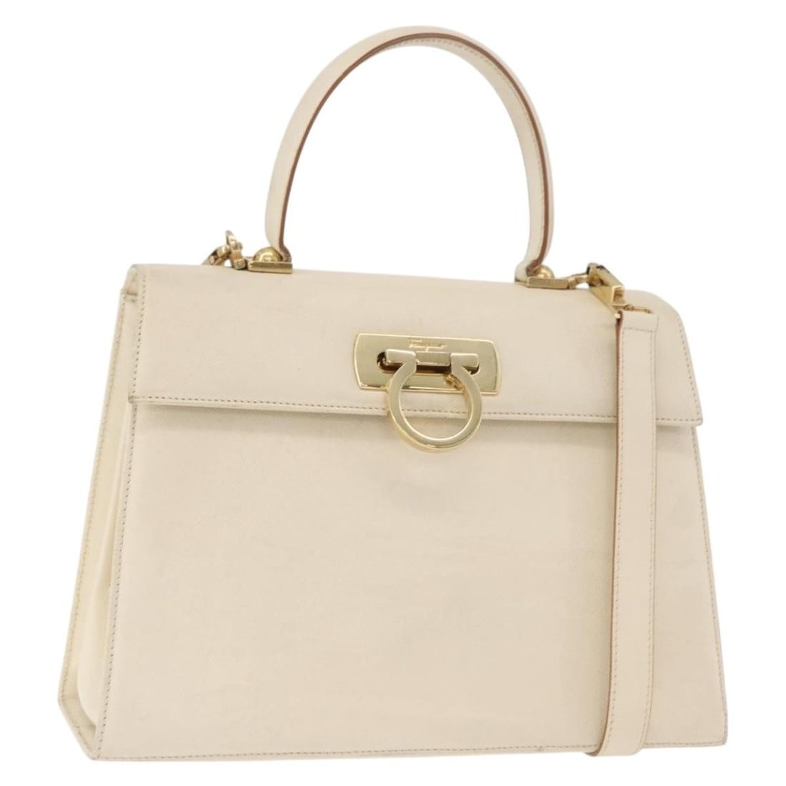 Salvatore Ferragamo Gancini Leather 2way Handbag White Gold Strap: Salvatore Ferragamo Gancini Leather 2way Handbag White Gold Strap Salvatore Ferragamo Gancini 2-way handbag in white and gold leather. Made in Italy, this women's bag includes a shoulder strap and can