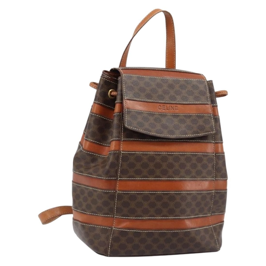 Celine Macadam Canvas and PVC Leather Backpack Brown Gold Tone: Celine Macadam Canvas and PVC Leather Backpack Brown Gold Tone Brown and gold CELINE backpack in PVC leather and Macadam canvas. Made in Italy, this piece measures approximately W20 cm x H26 cm x D14 