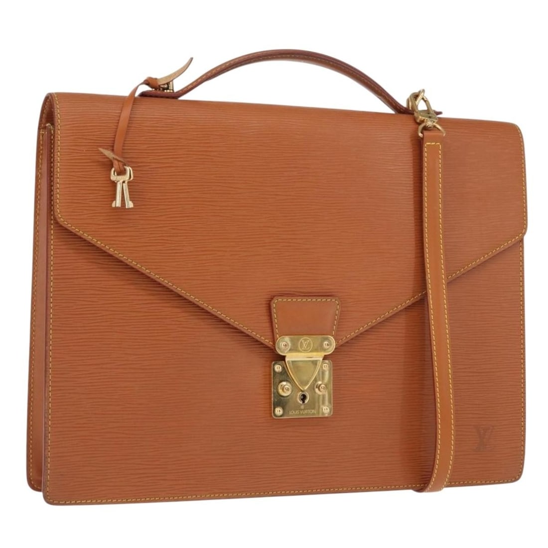 Louis Vuitton Epi Leather Brown Briefcase with Shoulder Strap M54468: Louis Vuitton Epi Leather Brown Briefcase with Shoulder Strap M54468 This Louis Vuitton Epi Porte Documents Bandouliere briefcase is crafted from durable brown Epi leather and features a structured si