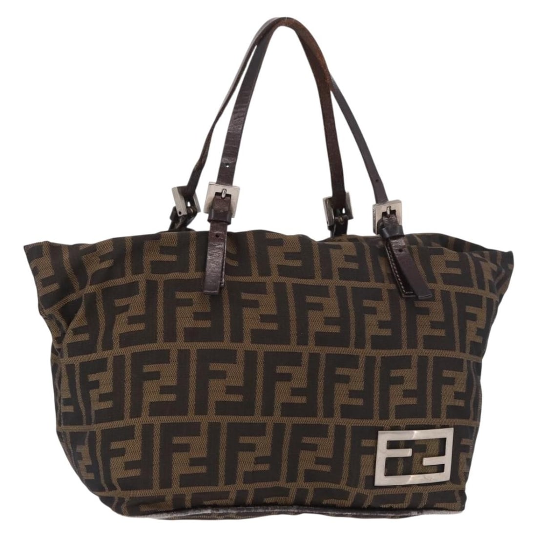 FENDI Zucca Canvas Handbag Black Brown Italy: FENDI Zucca Canvas Handbag Black Brown Italy Fendi hand bag in Zucca Canvas with a black and brown exterior, made in Italy. The bag measures approximately 22 cm W x 20 cm H x 15 cm D, with a handle dr
