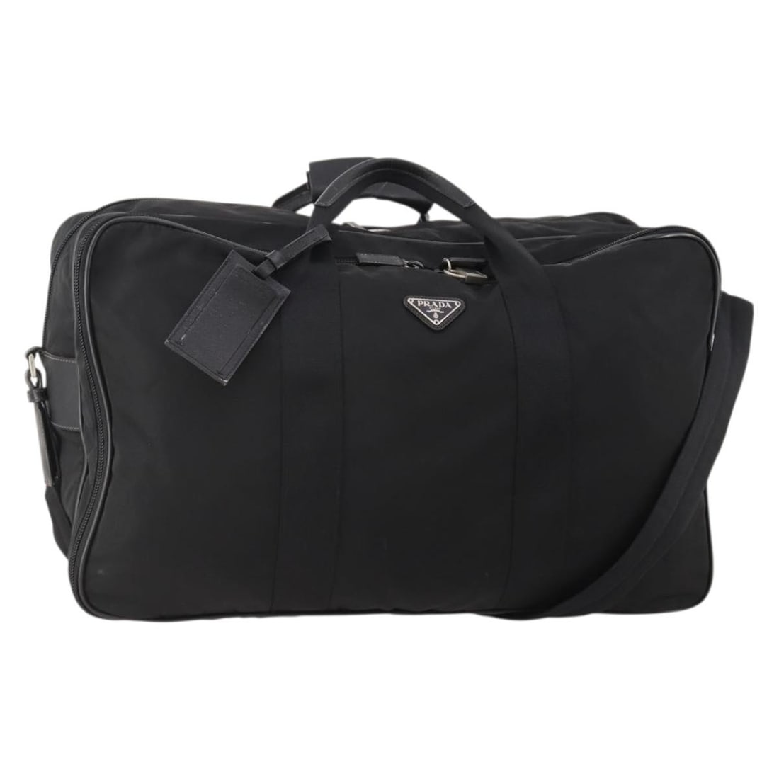 Prada Nylon Black Silver Boston Bag with Strap Padlock Key: Prada Nylon Black Silver Boston Bag with Strap Padlock Key This PRADA Boston Bag is crafted from black nylon with silver-tone accents. Designed as a 2-way bag, it features both a shoulder strap and ha