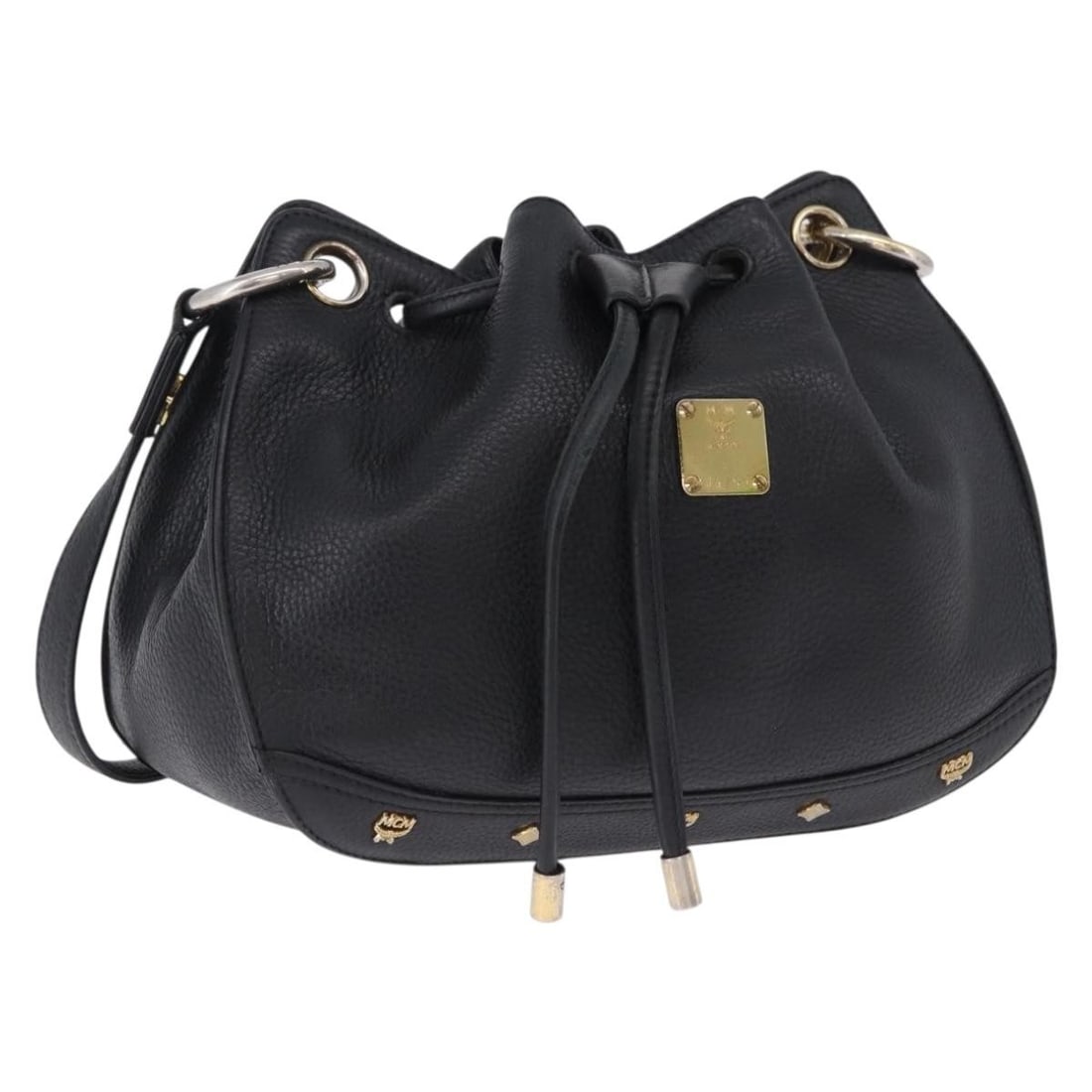 Black Leather Shoulder Bag MCM Gold Tone BA14146A: Black Leather Shoulder Bag MCM Gold Tone BA14146A This MCM shoulder bag is crafted from black leather with gold-tone accents. It measures approximately W26 cm x H18 cm x D13 cm, with a shoulder drop o