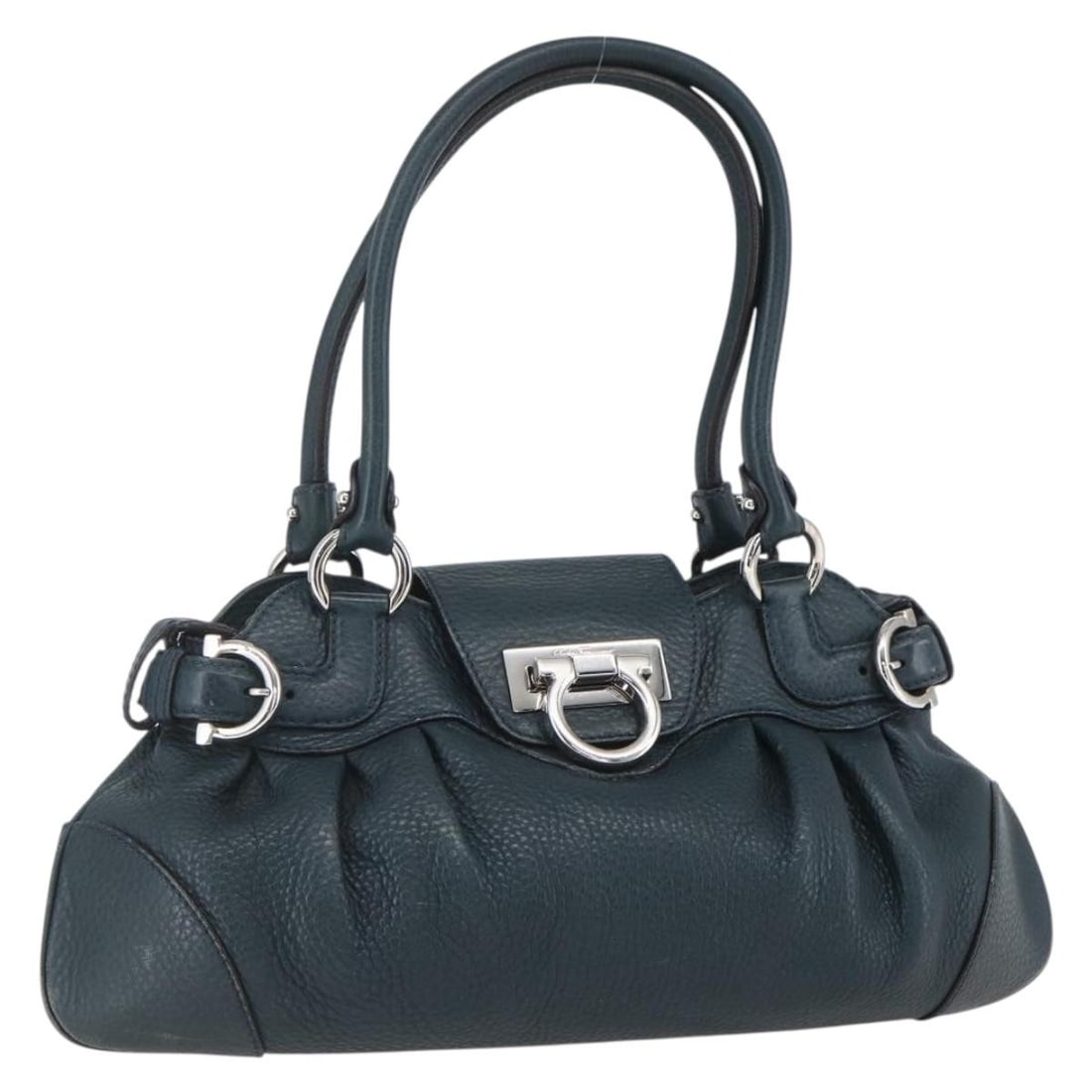 Leather Hand Bag Salvatore Ferragamo Gancini Green Silver Tone: Leather Hand Bag Salvatore Ferragamo Gancini Green Silver Tone A Salvatore Ferragamo Gancini hand bag in green and silver leather, made in Italy. The bag measures approximately 36 cm wide by 19 cm hig