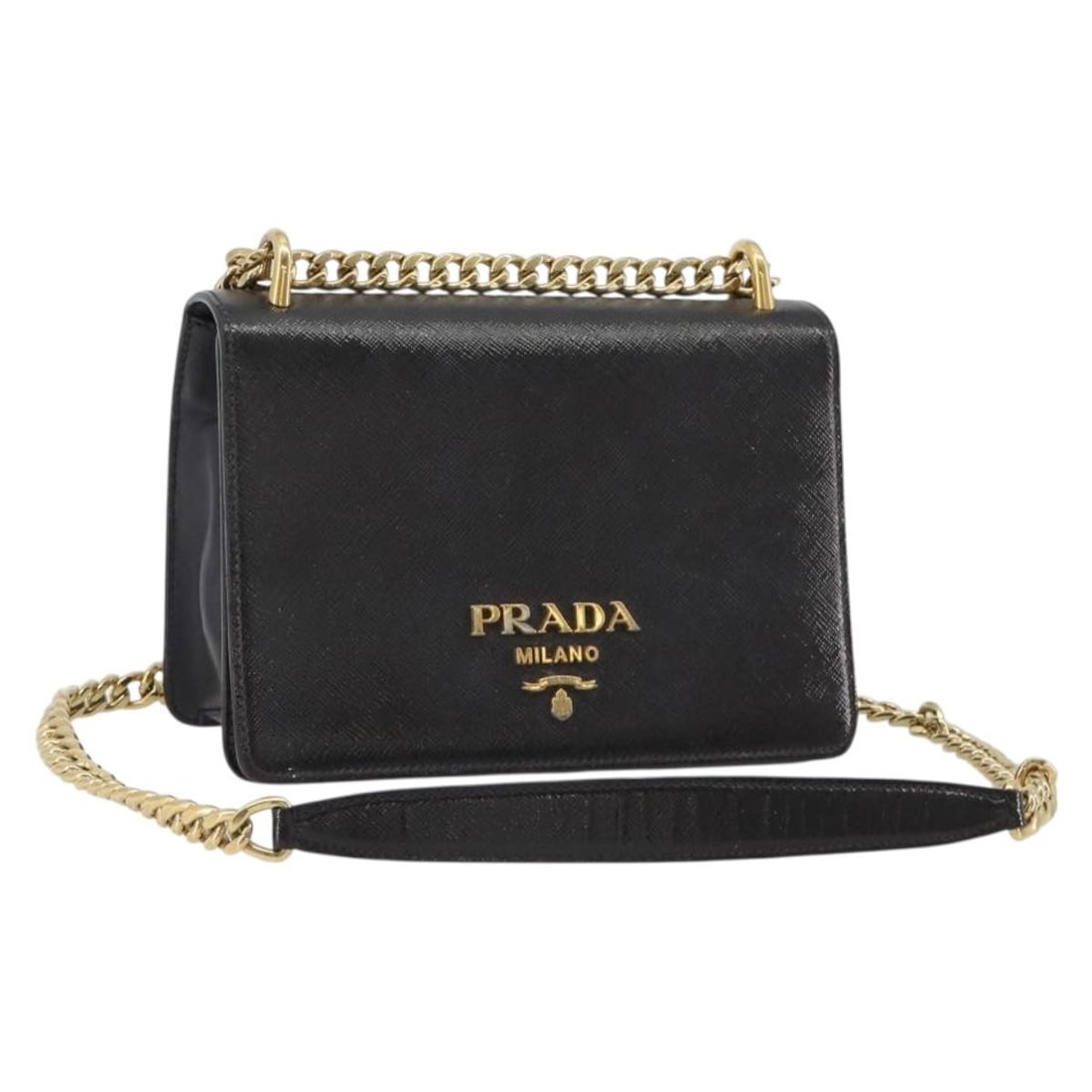Prada Saffiano Leather Shoulder Bag Black Gold Chain Strap: Prada Saffiano Leather Shoulder Bag Black Gold Chain Strap This PRADA chain shoulder bag is crafted in black Saffiano leather with gold-tone accents. It features a shoulder bag style, made in Italy, a