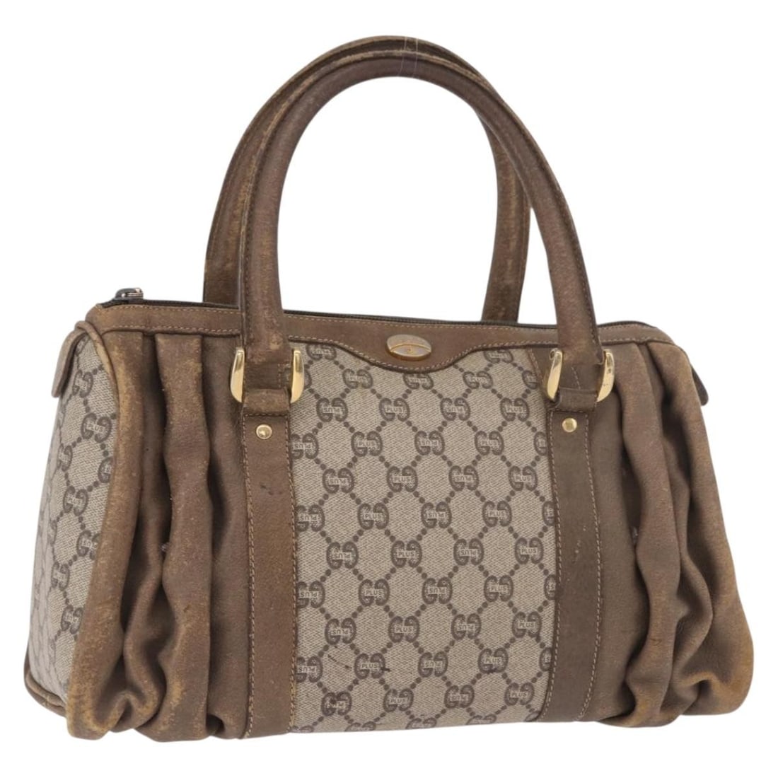 Gucci GG Plus Supreme PVC Handbag Beige Gold: Gucci GG Plus Supreme PVC Handbag Beige Gold Gucci GG Plus Supreme handbag in beige and gold, made from PVC leather and GG canvas. It is a hand bag style item made in Italy. The piece is in heavily us
