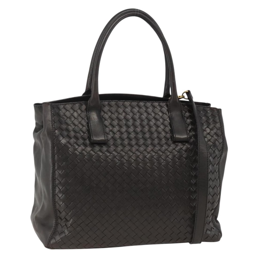 Bottega Veneta Intrecciato Black Leather Handbag with Shoulder Strap and Mirror: Bottega Veneta Intrecciato Black Leather Handbag with Shoulder Strap and Mirror This Bottega Veneta Intrecciato 2-way handbag is crafted from black and gold leather and features the signature woven de