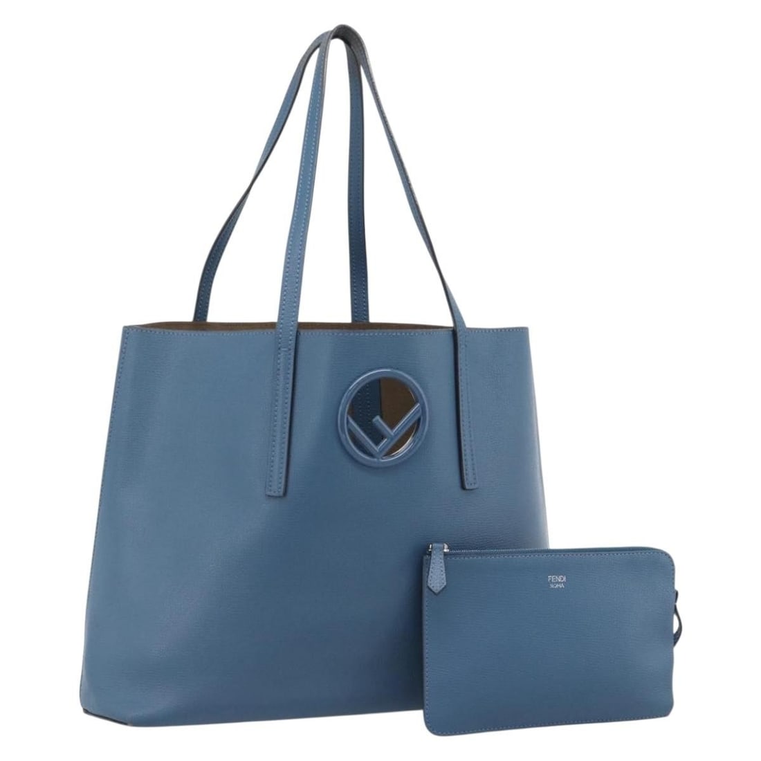 Fendi Blue Silver Leather Tote Bag with Pouch Made in Italy: Fendi Blue Silver Leather Tote Bag with Pouch Made in Italy Fendi tote bag in blue and silver leather with a pouch accessory. Made in Italy, this women's bag is a heavily used piece with visible wear 